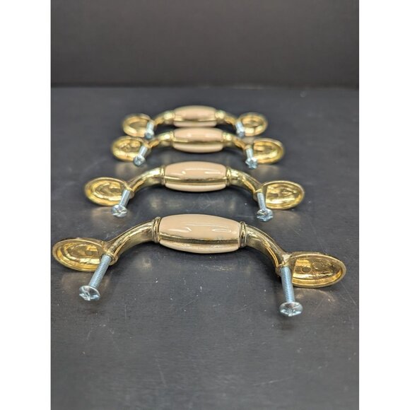 Cabinet or Drawer Pulls Cream Color Ceramic and Gold 3 Inch Center Lot of 4 - Picture 3 of 6